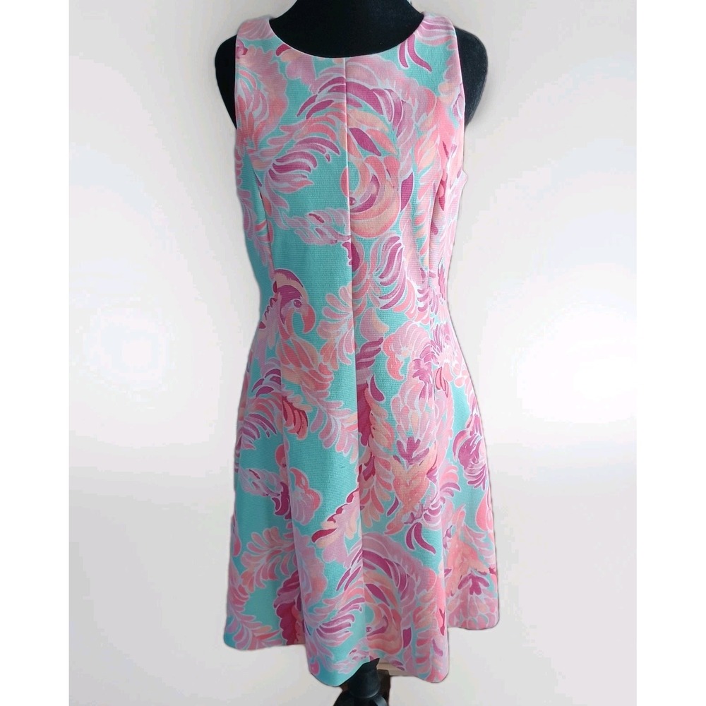 Lilly Pulitzer Pink Turquoise Tropical Feather Print Shift Dress Medium Gold Zip